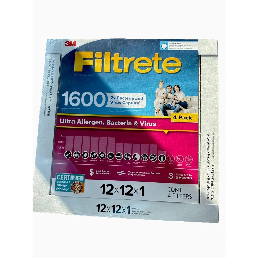 Filtrete 4 Pack Ultra Allergen 2X Bacteria & Virus Filter 1600 MPR 12x12x1 New